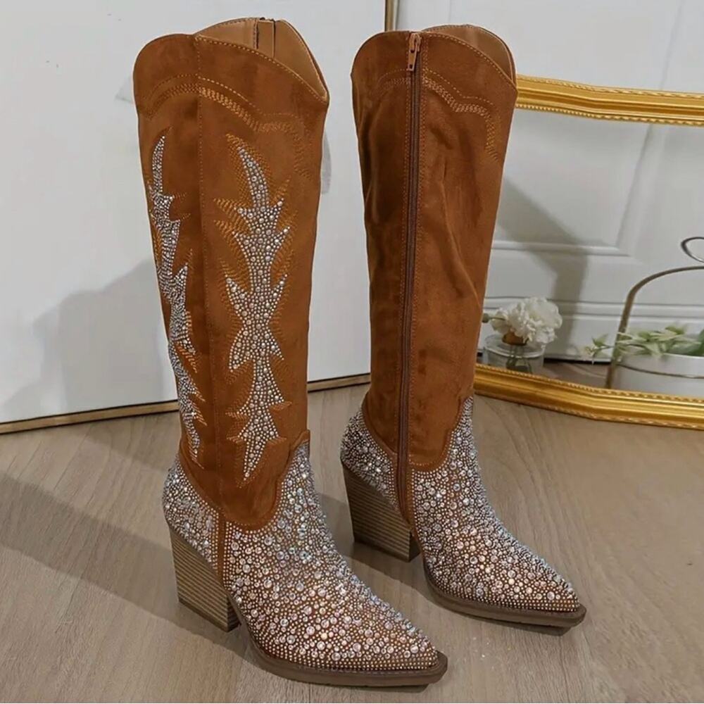 NEW Brown Faux Suede Sequin Glitter Discoball Cowgirl Cowboy Chunk Heel Boot 8.5